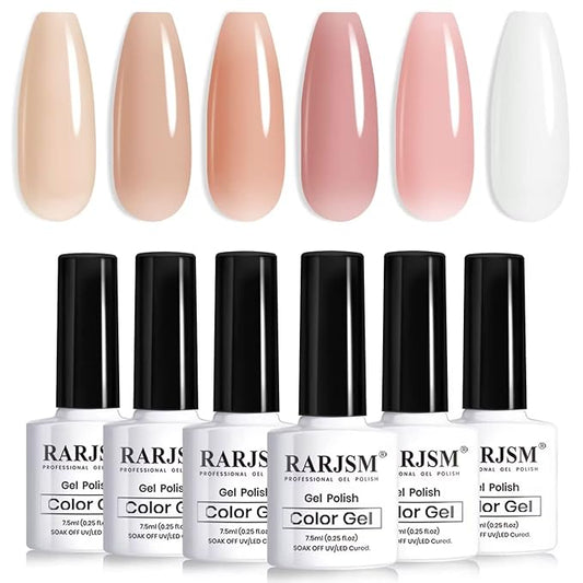 RARJSM Nude Gel Nail Polish Apricot Peach Pink Jelly Gel Polish Set of 6 Transparent Colors 7.5ml Clear Purple Sheer Wine Red Milky Mavue French Manicure LED UV Gel Soak Off Curing Requires Home