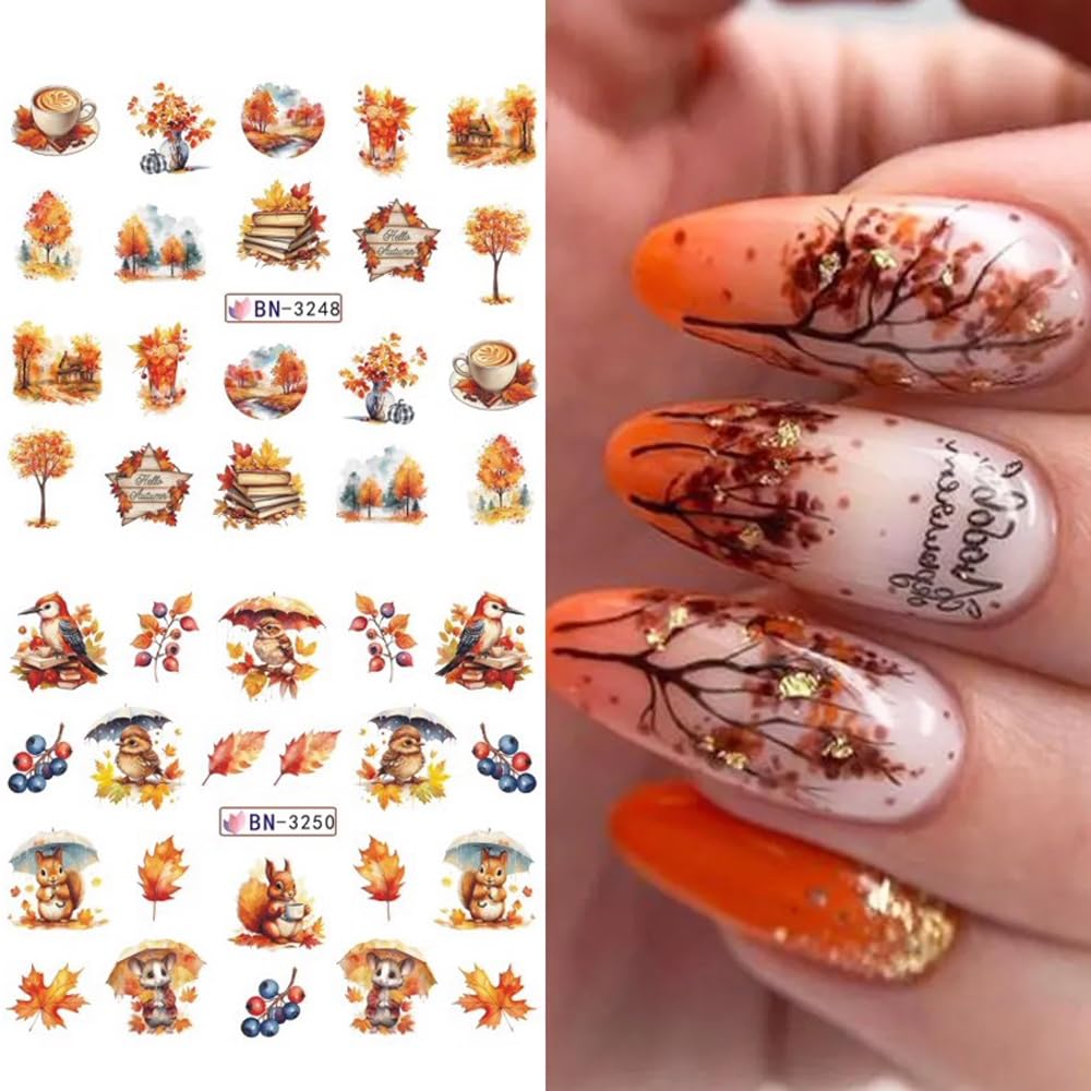Maple Leaf Nail Art Stickers Decals Fall Thanksgiving Water Transfer Nail Foils Slider Stickers for Autumn Nail Art Accessories Cute Pumpkin Squirrel Leaf Flower Acrylic Nail Decals for Women Manicure
