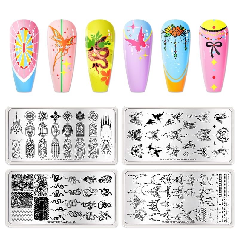 BORN PRETTY Stamping Temeplates Set,Butterfly Necklace Leopard Print Theme Nail Image Plates Nail Art Stamping Plate Manicuring DIY Printing Tools 4PCS