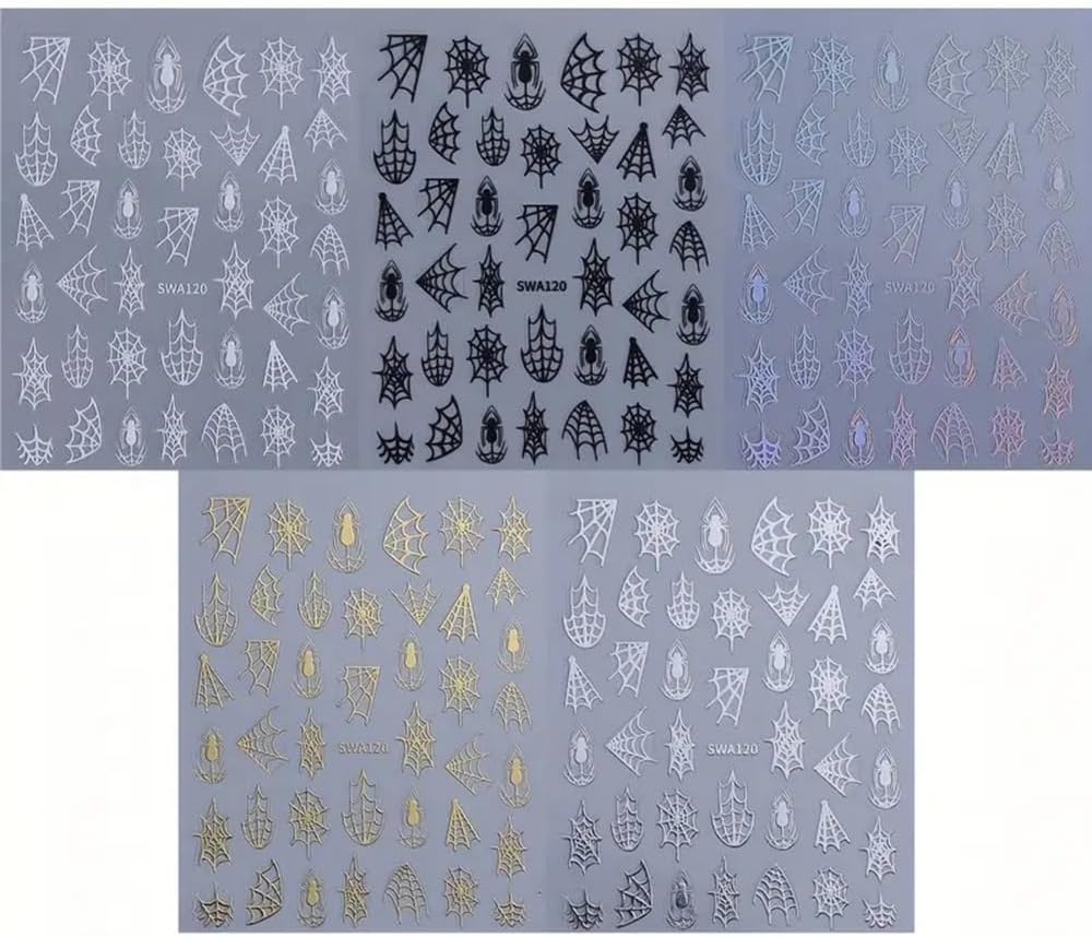 5 Sheets Halloween Spider Web Nail Stickers for Nail Art 3D Self-Adhesive Spider Web Nail Art Stickers White Black Silver Laser Gold Spider Nail Decals Holiday Nail Design Supplies for Women