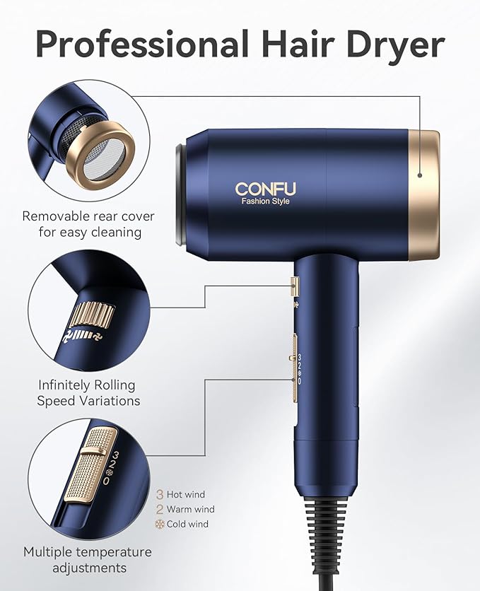 Hair Dryers for Women, CONFU Hair Dryer with Diffuser, Blow Dryers for Men, Hairdryer with Diffuser Attachment, Portable Lightweight Fast Drying Negative Ion Hairdryer for Home