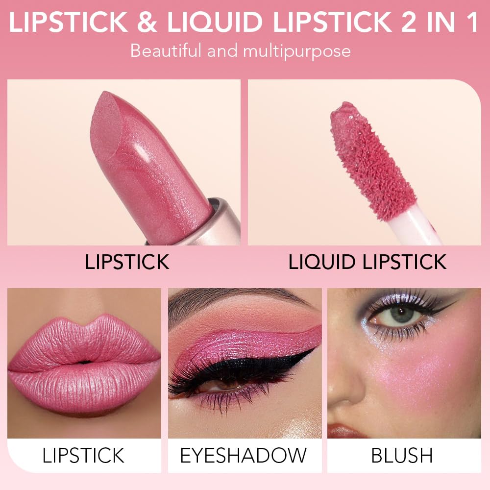evpct 2 in 1 Rose Pink Glitter Metallic Shimmer Diamond Lipstick and Lip Gloss Set for Women Long Lasting Waterproof, Baby Nude Pink Sparkle Glitter Shiny Lipstick and Lip Liner Makeup Set, 06#