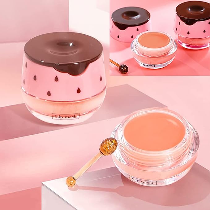 2 Pack Strawberry Lip Sleeping Mask,Plumping Lip Hydrating Bee Lip Balm Honey Pot Propolis Moisturizing Lip Balm With Stick，Lip Exfoliating Bee lip Balm Sleeping Lip Mask