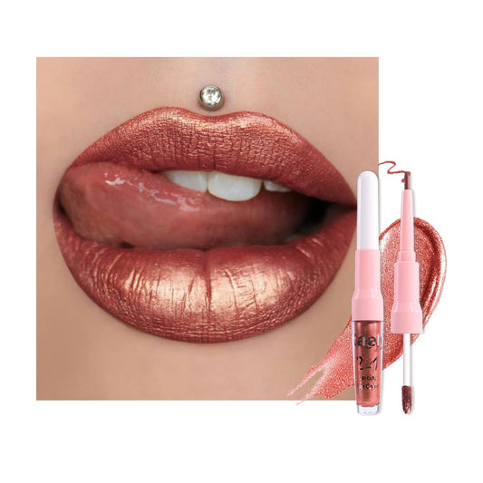 Kaely 2-in-1 Copper Metallic Lipstick and Lip Liner, Shimmer Liquid Metallic Lipsticks for Women, Glitter Lip Gloss Stain Long Lasting Waterproof Smudge Proof 24 Hour, Vegan Makeup, 20