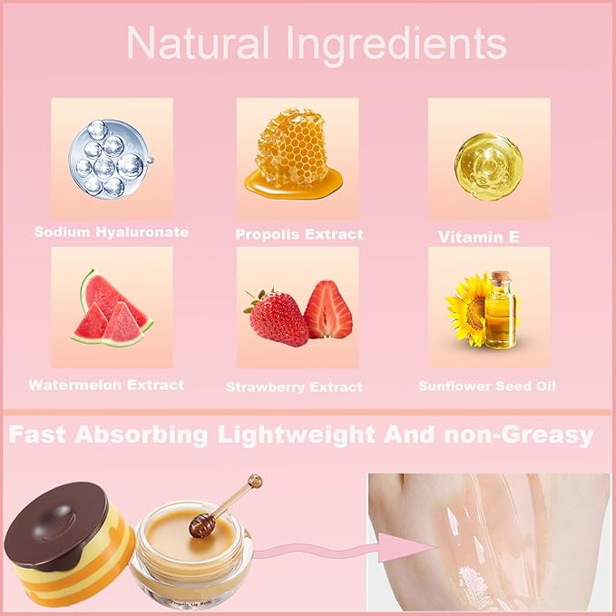 2 PCS Bee Lip Balm Honey Pot, Honey Strawberry Bee Lip Balm Sleeping Lip Mask Overnight with Sticks, Honey Pot Lip Balm Hydrating Exfoliating Prevention Dry and Crack Lip Scrubs