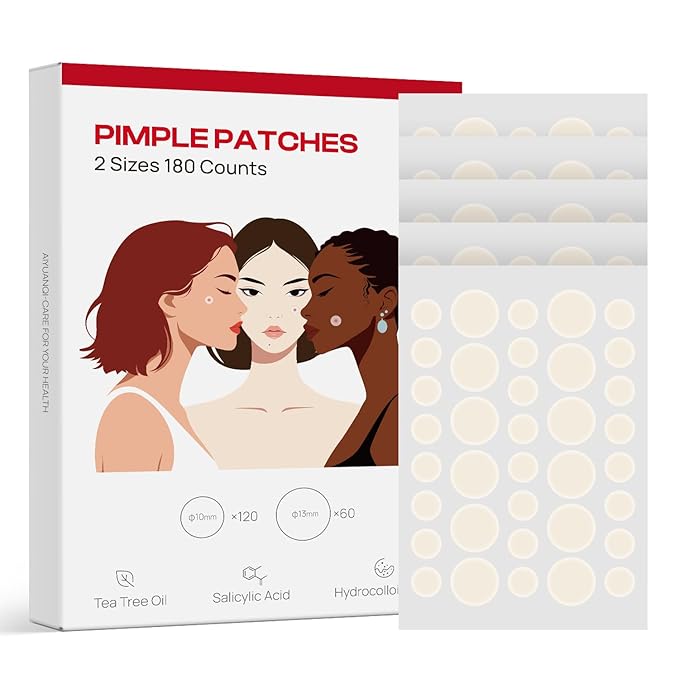 Large Pimple Patches For Face, Invisible Hydrocolloid Acne Patches, Salicylic Acid & Tea Tree, 2 Sizes 180 Counts Spot Stickers for Covering Zits and Blemishes