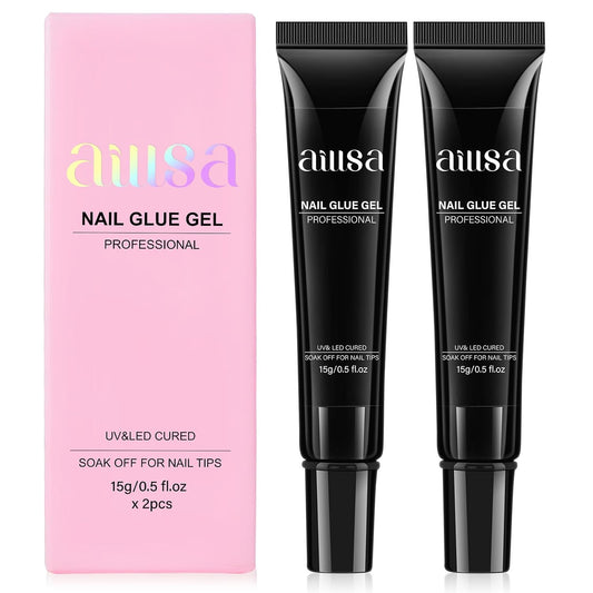 AILLSA Nail Gel Glue 2PCS Lamp Curing Needed Super Strong Nails Tip Glues Semi-Solid Professional False Gel Nail Glue for Acrylic Nail Tips Press on Nails