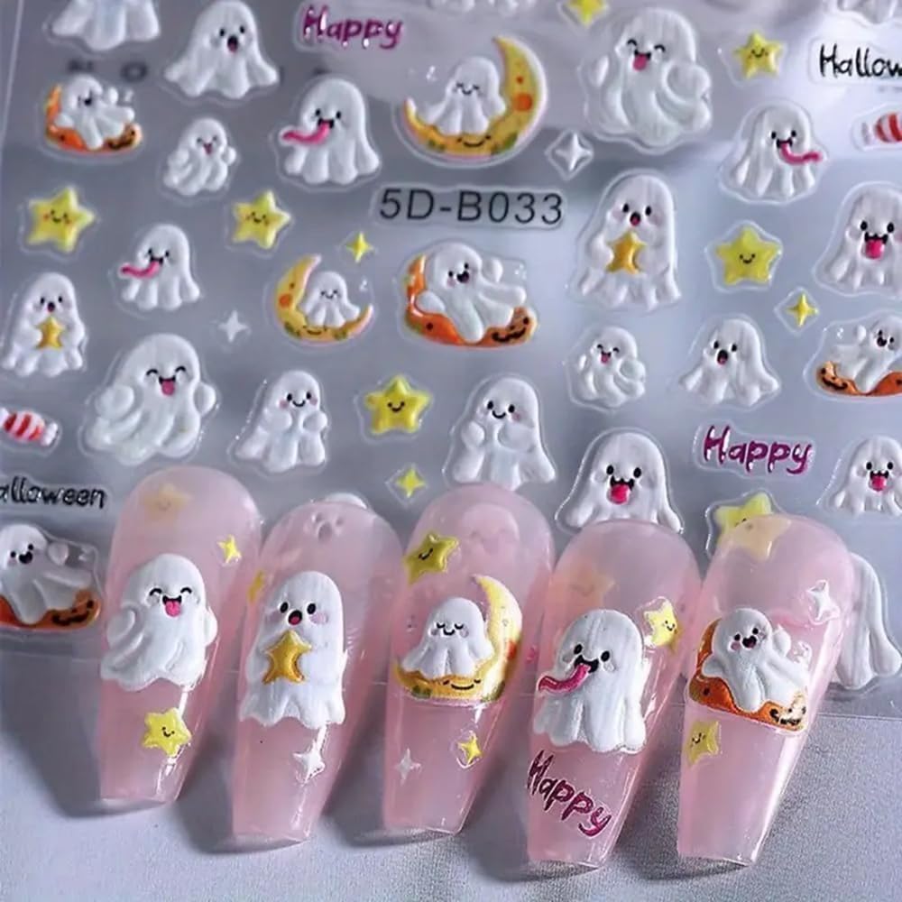 5D Embossed Halloween Nail Stickers 5D Self-Adhesive Bat Skull Pumpkin Nail Supplies Cute Little Ghost Nail Decals Kawaii Spider Spider Web Nails Designs for Women Holiday DIY Manicure 3 Sheet