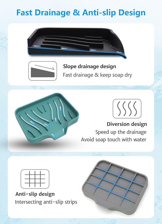 3-Pack Premium Soap Dishes, Easy to Clean Soft Silicone Self Draining Tray/Holder for Shower, Bathroom, Kitchen, Bathtub - Keep Soap Dry, Extend Life