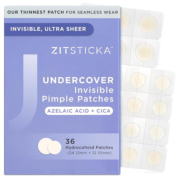 ZitSticka Invisible Pimple Patches for Face, Hydrocolloid Patches, Ultra-Thin Clear Azelaic Acid & CICA Blemish Patches, Pimple Stickers (UNDERCOVER 36 Count)