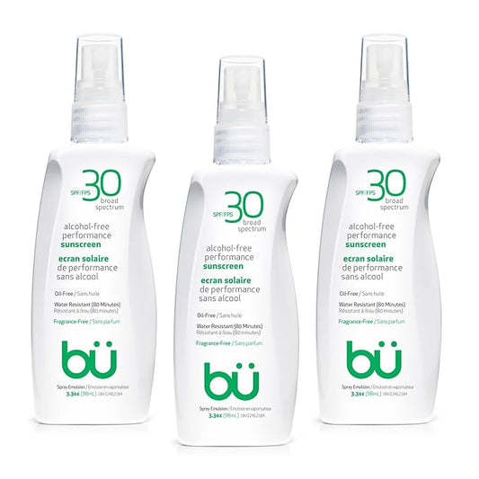 BU SPF 30 Sunscreen Spray for Face and Body, Fragrance Free, TSA Travel Size Sunscreen, Clear, Non Greasy, Water Resistant, for Sensitive Skin, 3.3 oz (3 Pack)