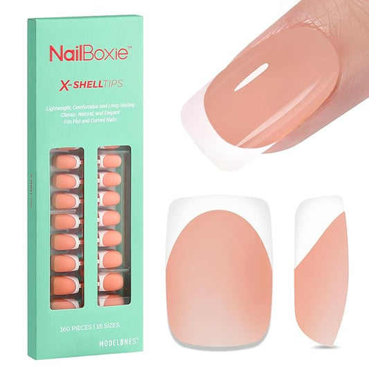 modelones French Tip Press on Nails, Short Square Fake Nails with Nail Box, Deep Nude Gel Nail Tips for Women, Soft Glue-On Nails for Natural Salon Look, DIY Nail Art Kit