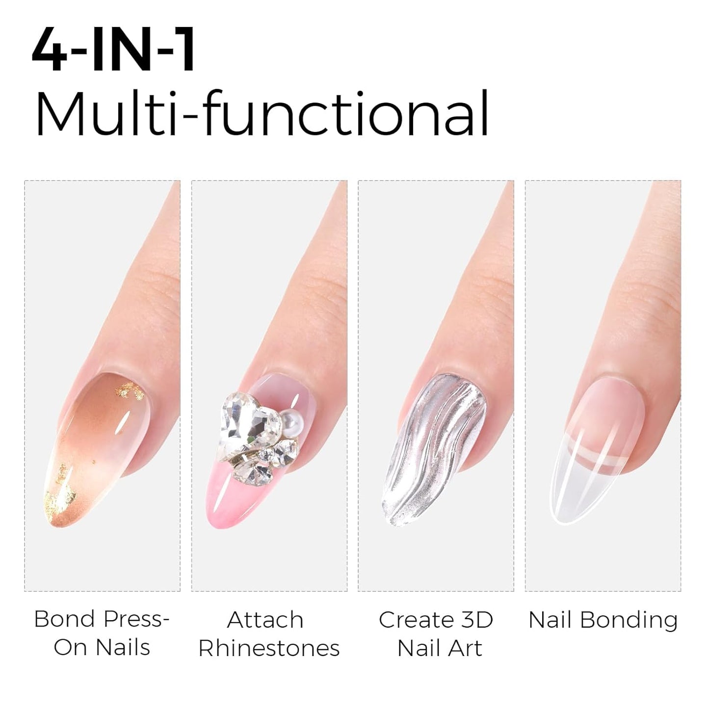 TOMICCA 4 in 1 Nail Glue for Press Ons 30g Gel Nail Glue Strong for Acrylic Nails Lamp Curing Needed UV