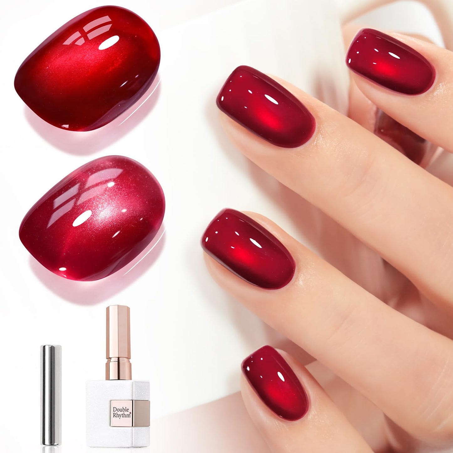 Double Rhythm Jelly Glass Cat Eye Gel Polish with Magnet 15ML Holographic Glitter Shimmer Translucent Sheer Color Magnetic Nail Polish Salon DIY at Home (Red-MC1116)