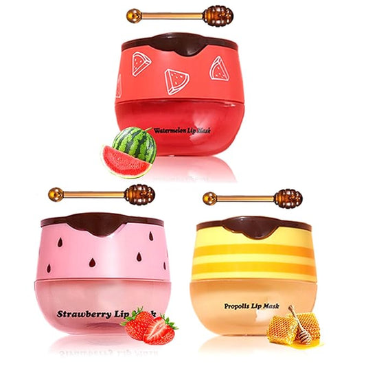 3Pcs Lip Balm Honey Pot, Lip Mask Overnight Lip Balm Hydrating Prevention Dry and Crack Lip Scrubs Exfoliator Lip Wrinkle Care, Beeswax with Vitamin E (3Pcs Honey&Strawberry&Watermelon)