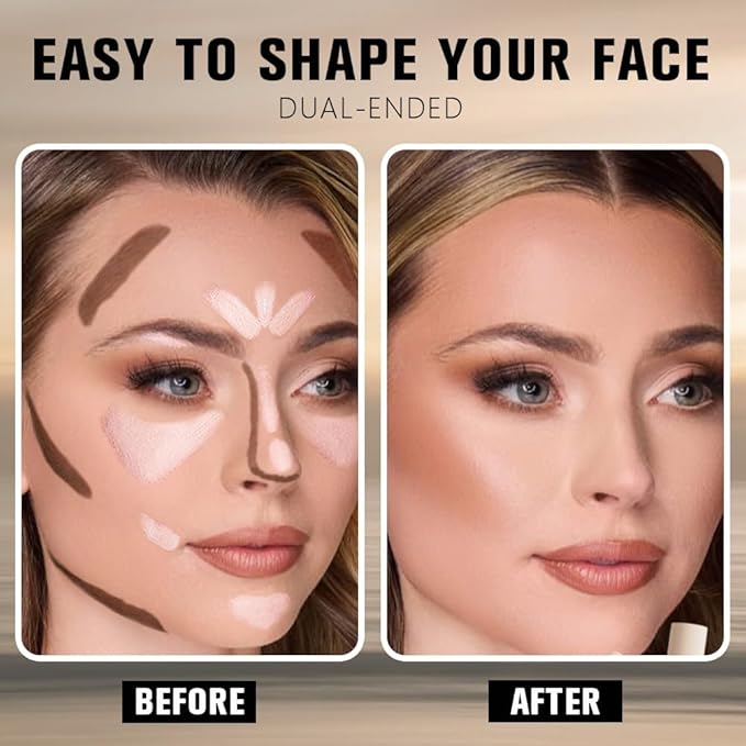 2Pcs 2in1 Cream Contour Highlighter Stick, Dual-Ended Highlighter Makeup Contour Stick, Contour Stick Dual Ended For Face Body Makeup,Long Lasting Waterproof for All Skin Tones (01+03)