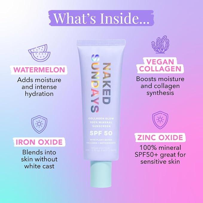 Naked Sundays SPF 50 Mineral Glow Sunscreen, Daily Hydrating Facial Moisturizer & Primer with Zinc Oxide, Sheer Tint, Broad Spectrum SPF Lotion (Jumbo 80ml)