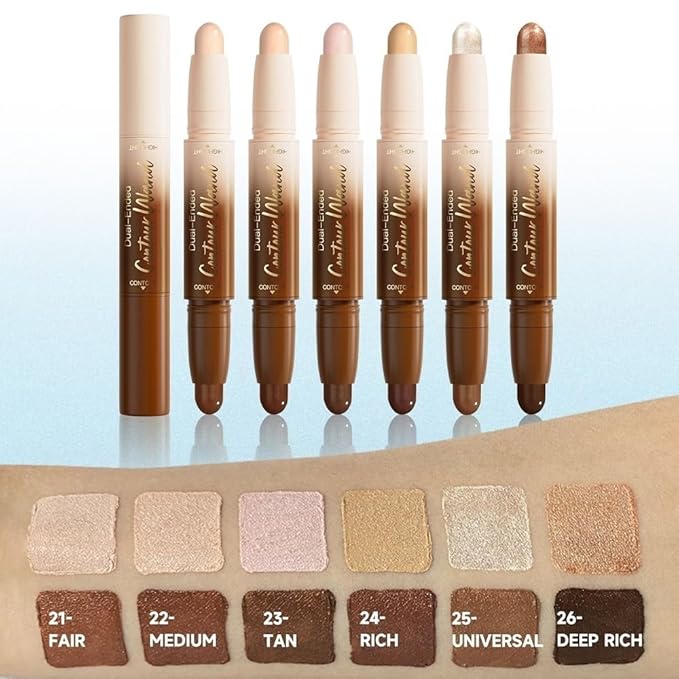 2Pcs 2in1 Cream Contour Highlighter Stick, Dual-Ended Highlighter Makeup Contour Stick, Contour Stick Dual Ended For Face Body Makeup,Long Lasting Waterproof for All Skin Tones (01+03)