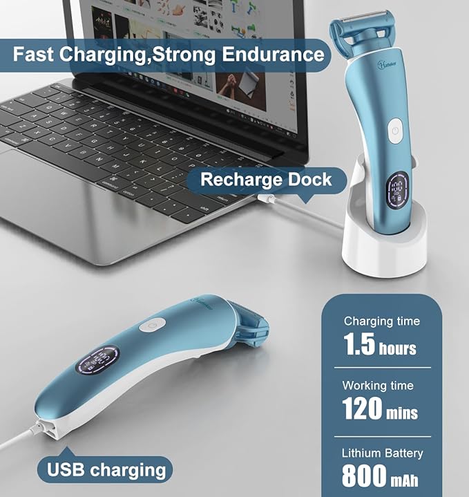 Hatteker Women's Electric Shaver Bikini Trimmer Hair Trimmer for Women Electric Razor for Legs Bikini Underarm Public Hairs Led Display IPX7 Waterproof Gift for Women (Blue)