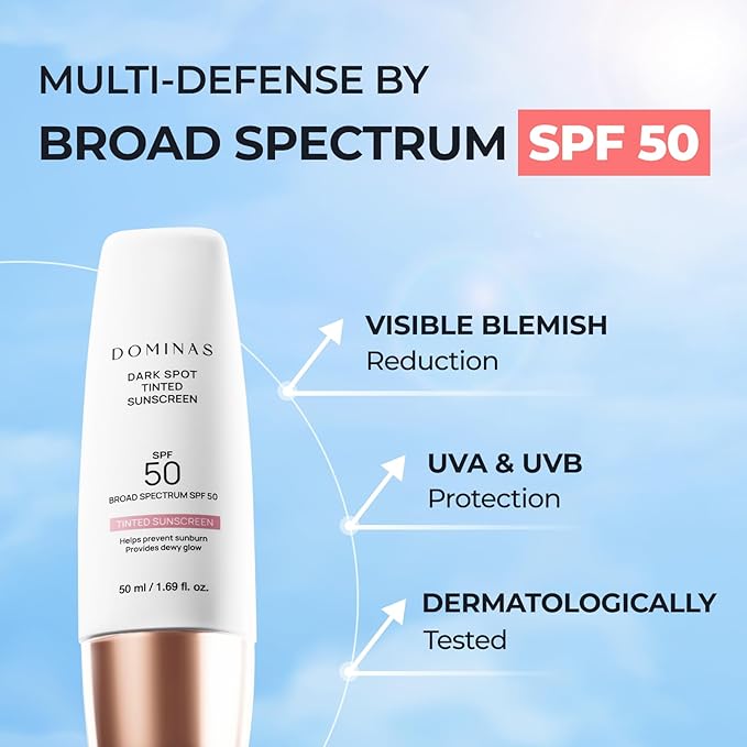 SPF 50 DOMINAS Tinted Sunscreen Moisturizer (1.7fl oz) - Tone Correction, Korean Skin Care, Broad-Spectrum UV Defense Sunblock, Water-in-Oil Formula for Lightweight, Panthenol, Sun Cream