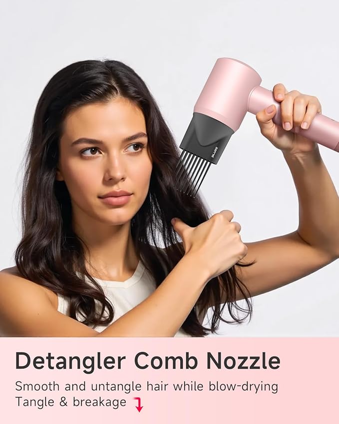 Hair Dryer with Comb & Diffuser Attachment for Curly Hair, PLUZZ 200M Negative Ionic Blow Dryer Brush, High-Speed Brushless Motor Hairdryer Fast, Portable Travel Hair Dryers Quiet, Women/Men/Kids