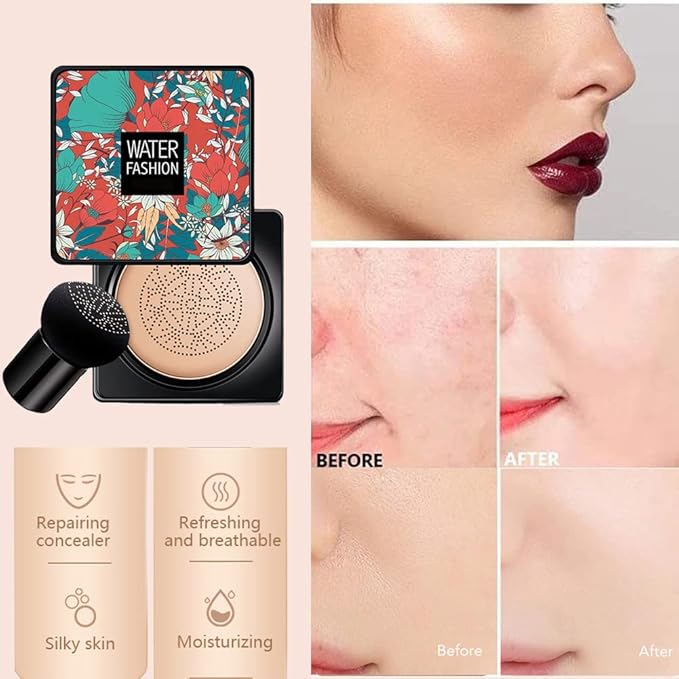 Air Cushion CC Cream Mushroom Head Foundation Air Cushion BB Cream Concealer Moisturizing Brighten Makeup Long Lasting Waterproof-Natural 2Pack