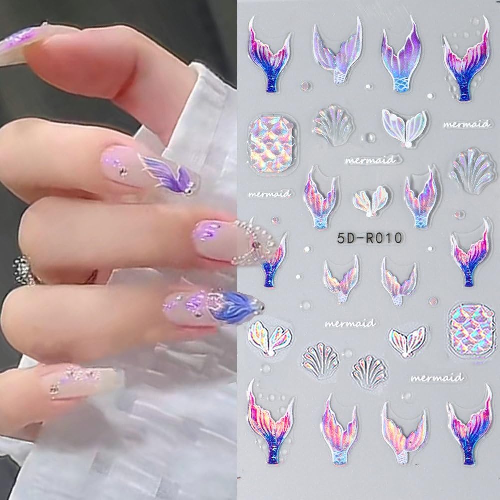 5D Dreamy Mermaid Tail Nail Stickers Summer Nail Decals 5D Embossed Laser Mermaid Nail Art Stickers Sea Wave Fishtail Shellfish Starfish Nail Design Stickers Self Adhsive Ocean Stickers for Nails DIY