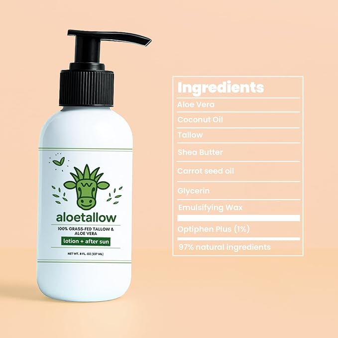 After Sun Lotion for Sunburn Relief & Tan Extender – Aloe Vera & Grass Fed Tallow with Shea & Cocoa Butter – Non-Toxic Daily Body Moisturizer for Dry Skin, Face & After Tanning