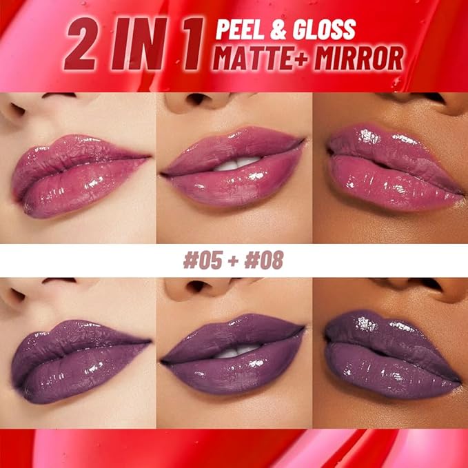2Pcs Lip Stain Peel Off Lip Gloss oil Dual-Ended Combo, Lips Liner Stain Peel Off Masque, Long Lasting & Waterproof, Transfer-Proof Lip Tint Stain with Lip oil for All Skin Type 05#+08#
