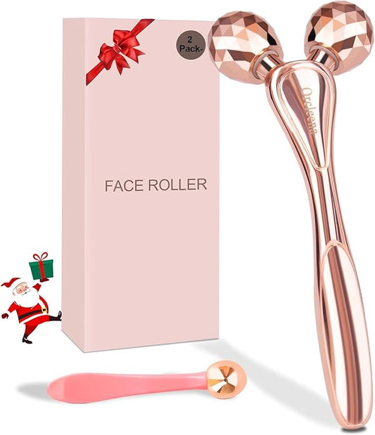 3D Face Roller Metal Facial Massager Face Sculpting Gua Sha Massage Tool for Eye Skin Care Reducing Puffiness Anti-Wrinkle for Women Girl Gift Set(Rose Gold)
