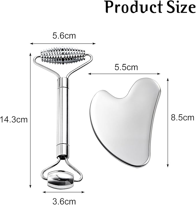 Gua Sha Facial Tools and Face Roller Set, Lymphatic Drainage Massager，Stainless Steel Facial Sculpting Eyes Roller Guasha for Face, Chin & Jawline Sculpting,Skin Care (Stainless Steel)