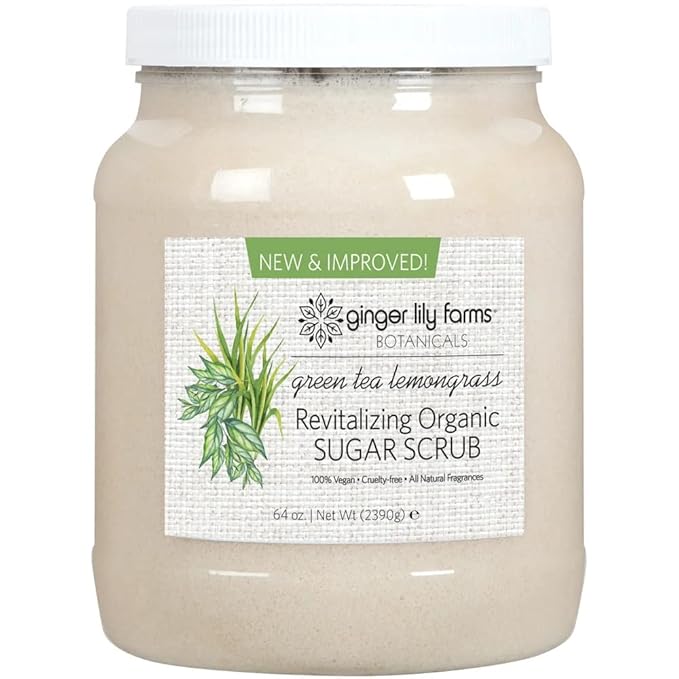 Ginger Lily Farms Botanicals Revitalizing Organic Sugar Scrub, All-Natural Skin Exfoliating Sugar Crystals, 100% Vegan & Cruelty-Free, Green Tea Lemongrass, 64 oz.