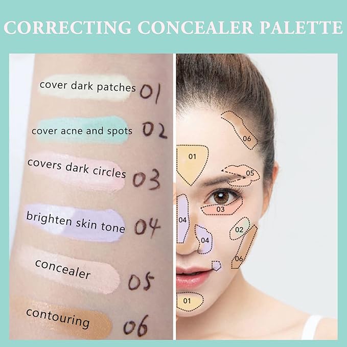 6 Colors Correcting Concealer Palette, Makeup Cream Contour Palette with Brush, Contouring Foundation Highlighting Concealer Palette for Conceals Dark Circles, Redness, Acne, Blemish