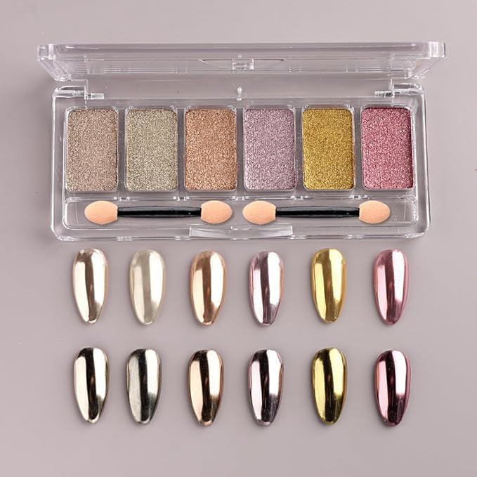 6 Colors Solid Chrome Nail Glitter Powder Set Metallic Mirror Chrome Powder for Nails, Gold Rose Gold Champagne Mutil Colors Palette Nail Pigment Powder Manicure Nail Art Decorations