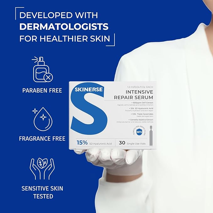 Intensive Repair Serum, 15%Hyaluronic Acid for Sensitive Skin Anti Aging Ultra Hydrating Serum for Face Calming Barrier Repair Redness Relief with Ceramides Centella 30Vials Daily Travel Care