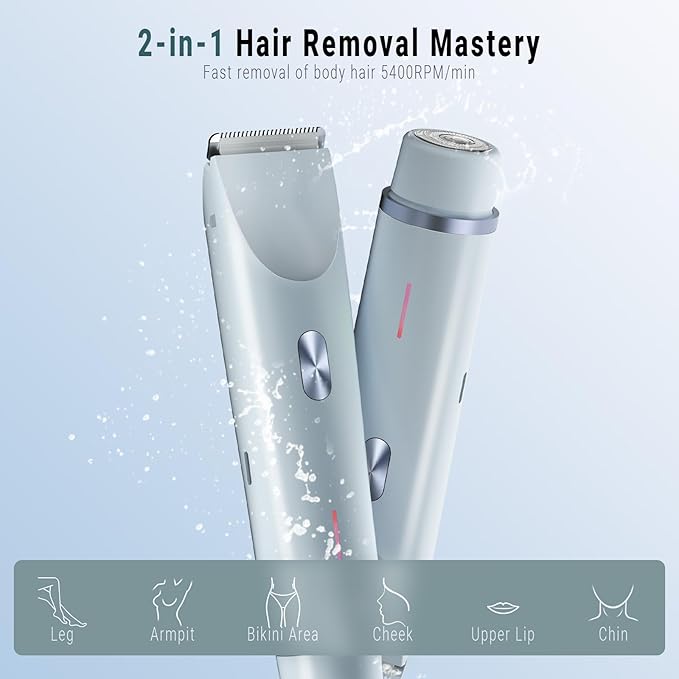 2-in-1 Bikini Trimmer and Shaver Kit for Women, Electric Body Hair Trimmer Facial Hair Removal Cordless Bikini Shaver Razor for Face Lip Chin Pubic Underarm Legs, Blue