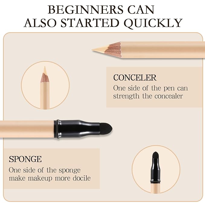 2pcs Concealer Pencil with Sponge,Full Coverage,Waterproof Under Eye Concealer Stick for Dark Circles,Blemishes,Aging Spots,Acne,Freckles