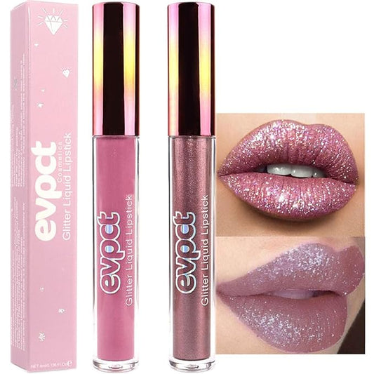 evpct 2Pcs Mauve & Taupe Mauve Glitter Metallic Shimmer Diamond Lipstick Lip Gloss Stain Set for Women Long Lasting Waterproof, Purple Sparkle Glitter Matte long Wear Liquid Lipstick Lip Makeup Kit