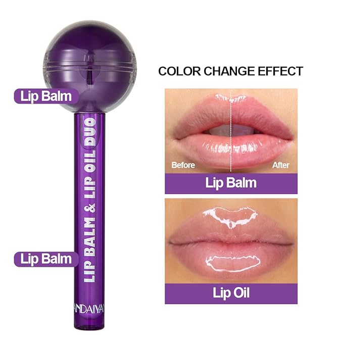 Tinted Lip Balm Lollipop Lip Gloss, Magic pH Color Changing Pink Lipstick & Vitamin E Clear Lip Oil Combo, Hydrating Plumping Lip Care Product for Girls (Purple)