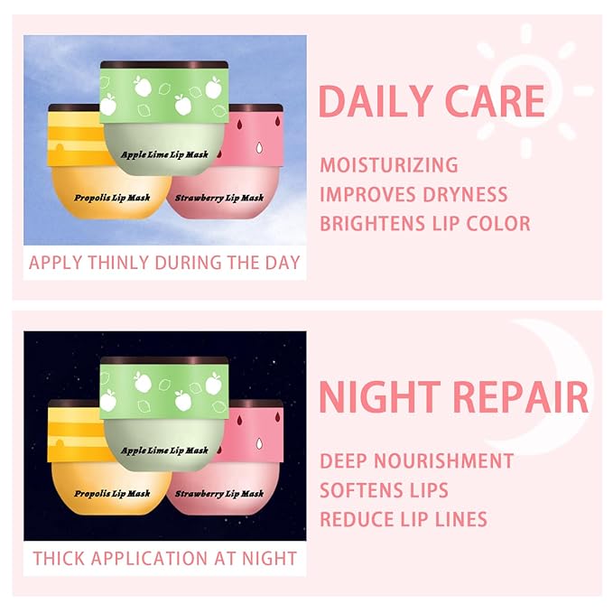 3 Pcs Bee Lip Balm Honey Pot, Honey Strawberry Apple Lip Mask Overnight, Moisturizing Lip Sleeping Mask, Hydrate Repair Prevent Dry Cracked Lip Exfoliator Lip Care (Honey+Strawberry+Apple Lime)