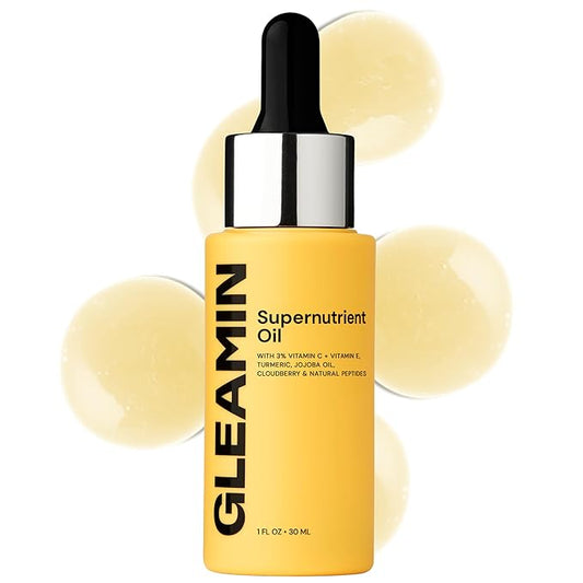Gleamin Brightening Face Oil with Vitamin C & E, Turmeric, Jojoba & Cloudberry | Hydrating Facial Oil for Radiant Glow, Dark Spots, Fine Lines & Uneven Tone | Skin Brightening for Women & Men, 1 Fl Oz