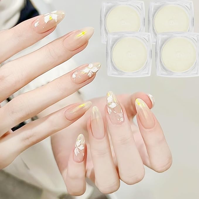 White Pearl Nail Powder, 4Pcs Iridescent Aurora Powder, Mermaid Metallic Mirror Effect Pigment Pearlescent Nail Chrome Powder