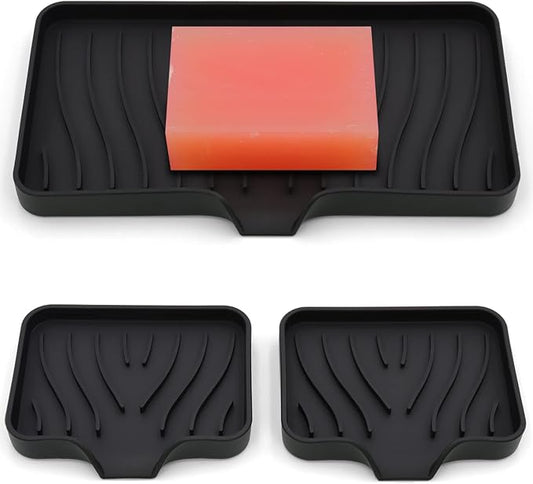 3-Pack Silicone Soap Dish, Sponge Holder for Sink, Kitchen Soap Tray, Bathroom Soap Holder, Sponge Tray with Drain (Black)