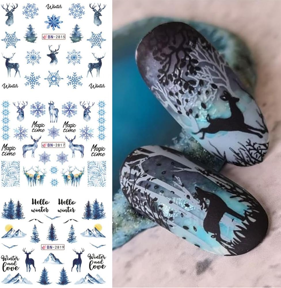 12 Sheets Snowflake Nail Art Stickers Water Transfer Nail Decals Christmas Nail Art Decorations Blue Snowflake Elk Santa Tree Bear Cute Winter Pattern Watermark Nail Stickers for Women DIY Nail Supply