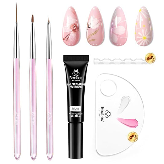 Beetles Nail Art Brushes Set for Gel Polish 3 Pcs Nail Art Design Pen and One White Painting Gel All-in-One Petal Brush Kit Flower DIY with Palette Dotting Manicure Tool Set