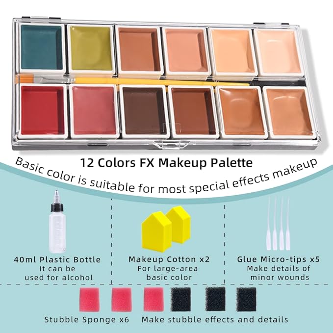 Alcohol Activated Makeup Palette for FX Makeup with Makeup Egg Mimic Wound Sponge Cleaning accessories 12 Colors