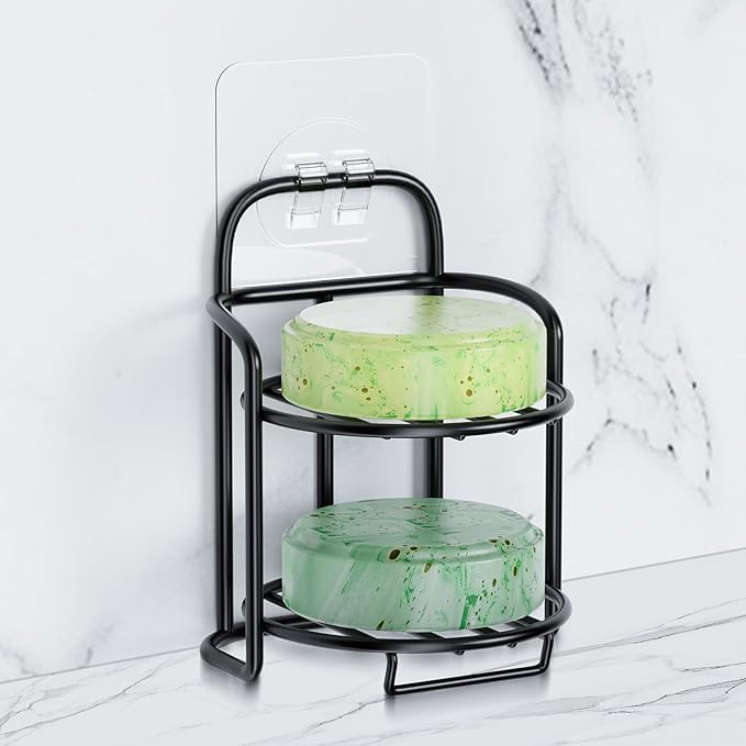 2-Tier Shower Soap Shampoo Bar Holder, Self Adhesive & Freestanding Draining Soap Dish Caddy for Bathroom Wall Accesories Decor Black