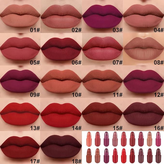 evpct 18Pcs Capsule Pills Lipstick Mini Matte Lipstick Set for Women Long Lasting labiales mate 24 horas originales Deep Red 24 Hour Waterproof Stay on Lip liner Set Sampler