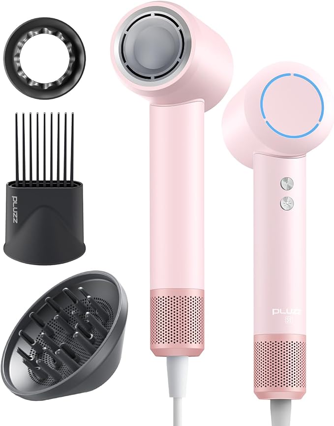 Hair Dryer with Comb & Diffuser Attachment for Curly Hair, PLUZZ 200M Negative Ionic Blow Dryer Brush, High-Speed Brushless Motor Hairdryer Fast, Portable Travel Hair Dryers Quiet, Women/Men/Kids