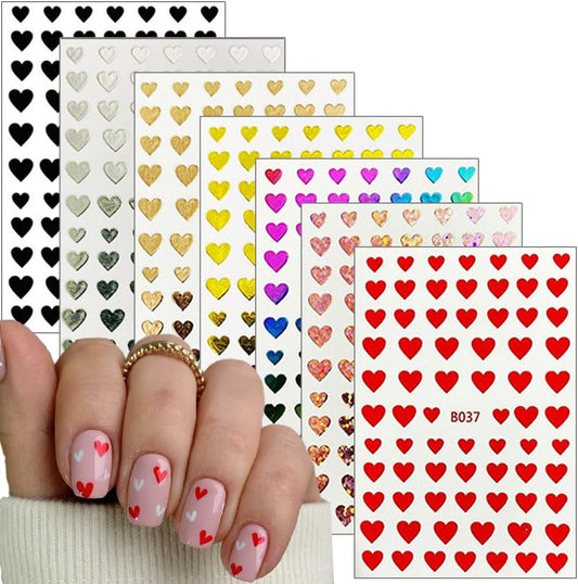 8 Sheets Heart Nail Art Stickers 3D Self-Adhesive Heart Nail Decals Cute Valentines Day Nail Art Decoration for Women Girls